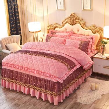 Imagem de Jogo de lençol de cama de flanela elegante e macia de quatro peças - capa de colcha de renda acolchoada de flanela confortável de alta qualidade, quente e anti-bolinhas e fronha de cama (F, fronha*2