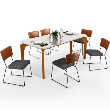 Imagem de Mesa Capri 160 Off White Com 6 Cadeiras Allana B05 Couríssimo Camel Linho Cinza Escuro - Lyam Decor