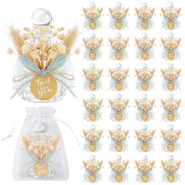 Imagem de Conjunto de 24 garrafas de água benta, lembrancinhas católicas de batismo de vidro a granel para convidados recipiente de água cristã com sacos de organza floral laço para presentes de sagrada