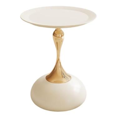 Imagem de Mesa de canto redonda de metal, mesa de pedestal moderna, mesas de canto para bebidas, mesa lateral de destaque para sala de estar, pátio e bar (branco creme)