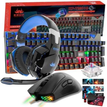 Imagem de Kit Gamer de Alta Performance - Teclado Mecanico Switch Blue 100% Alti-ghosting + Headset Drive 50mm 108 dB + Mouse Ergonomico 7 Botões 7200 DPI + Mouse Pad Grande 80x40 cm (Fone Azul)