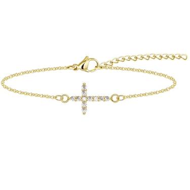 Imagem de Poxtex Pulseiras de ouro Jesus Cruz para mulheres modernas, pulseiras religiosas banhadas a ouro 14K delicadas para mulheres, presentes de batismo cristão para mulheres, mãe e ela, 7, Zircônia cúbica
