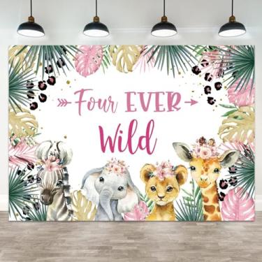 Imagem de ASDCXZ Pano de fundo para 4 anos de 1,5 x 0,9 m de fundo de fotografia selvagem, floresta, animal, tropical, verde, rosa, folha, menino, menina, 4º aniversário, festa, bandeira, decoração de festa