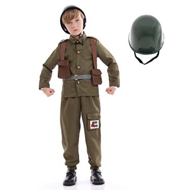 Imagem de Funivals Fantasia infantil de soldado do exército, vestido de soldado da Segunda Guerra Mundial unissex com capacete, roupa de cosplay de Halloween para meninos, cáqui (GG)