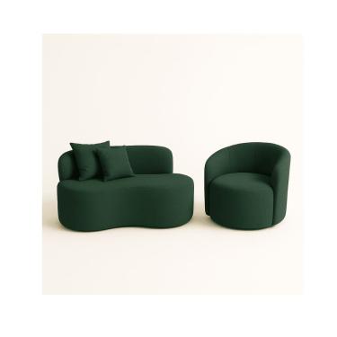 Imagem de Conjunto 01 Poltrona + Sofá Curvo Orgânico Nature Gaia Suede Verde - Montanaris Decor