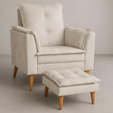 Imagem de Poltrona Amamentação Conforto Com Mini Puff Veludo Premium Bege