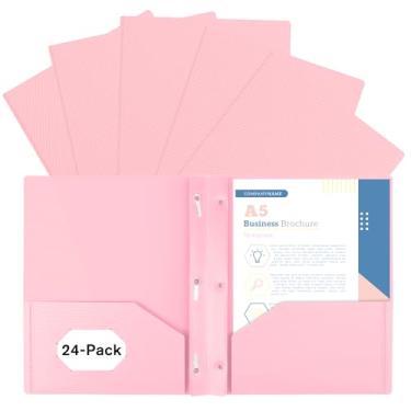 Imagem de EEHZTSI Pacote com 24 de plástico e bolsos e pontas, 2 bolsos e 3 fixadores, pastas pastel para papel tamanho carta dos EUA para escola/escritório/casa, rosa