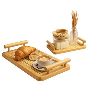 Imagem de Bandeja de Madeira Bambu com Alça Servir Café, Chá Lanches e Decoração