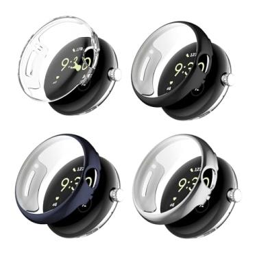 Imagem de Pacote com 4 capas compatíveis com o relógio Google Pixel Watch 2/Pixel com película de vidro temperado, capa protetora de proteção contra choques de relógio de cobertura total de TPU para Google Pixel Watch 2/1