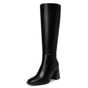 Imagem de CELLENZ Botas femininas de cano alto: salto grosso de 7,6 cm, bota alta de bico quadrado, botas longas de inverno e outono Gogo com zíper lateral para trabalho, saída à noite, festa, dança, Preto, 37