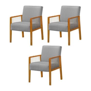 Imagem de Kit 3 Poltronas Decorativa Base Em Madeira Maciça E Corda Náutica Copacabana Linho Cinza - Cinza