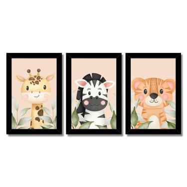 Imagem de Kit Quadros Infantil Safari Aquarela 20x30 Com Vidro Titulos Moldura Preta