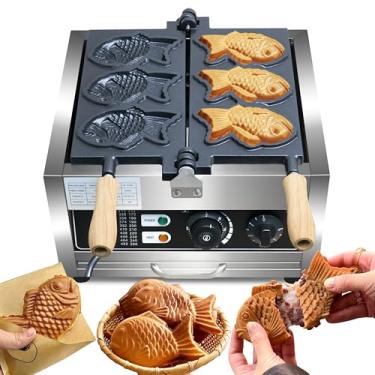 Imagem de Máquina de waffle de peixe Taiyaki, 3 peças, máquina de waffle elétrica antiaderente para bolos Taiyaki Baker, cones de waffle em forma de peixe, aço inoxidável, para família, restaurantes, lanches
