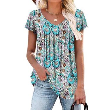 Imagem de Blusa túnica ROSELINLIN com babados, manga curta e decote em V para mu