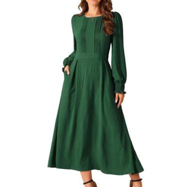 Imagem de Vestido midi Seta T feminino de outono, manga comprida, evasê, verde e