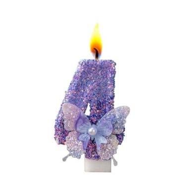Imagem de Velas com números de aniversário, borboleta roxa para bolo, topo de bolo com glitter com lantejoulas para artigos de festa de casamento (número 4)