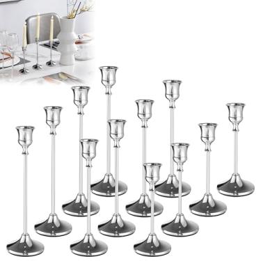 Imagem de Conjunto de 12 castiçais prateados, castiçais prateados, castiçais de alumínio, para decoração de mesa vintage, para Natal, férias, casamento, jantar, festa, decoração de casa
