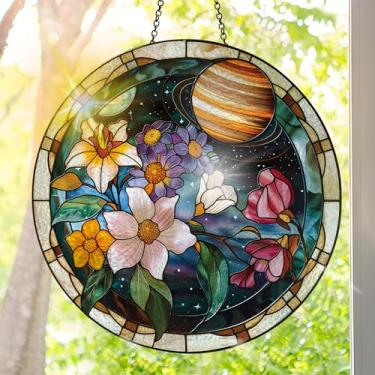 Imagem de Suncatcher acrílico colorido, decoração de janela suspensa de flores com design de vitral impresso, apanhador de sol, arte de parede de criador de arco-íris, ornamentos de Natal para uso interno e