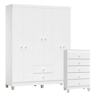 Imagem de Cômoda Gaveteiro E Guarda Roupa 6 Portas Ternura Baby Branco Brilho – Incorplac