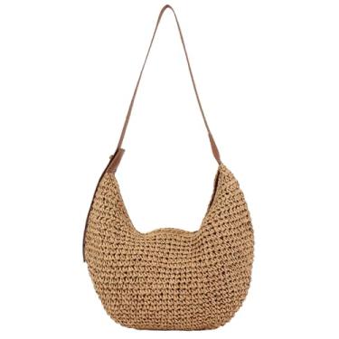 Imagem de Bolsa moderna de palha crescente casual de palha Hobo para mulheres bolsa de praia de verão bolsa tiracolo bolsa tiracolo estilo boêmio, Camelo, Medium