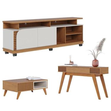 Imagem de Rack Bancada Jurerê 1.8 Com Mesa De Centro Jeri Freijó Off White Matte E Aparador Riviera Freijó - Colibri