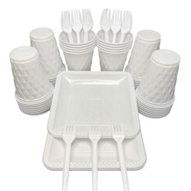 Imagem de Kit 260 Itens Descartaveis Festa Aniversário Prato Quadrado Diamante Plástico Colorido Perolado Candy Pastel (Branco)