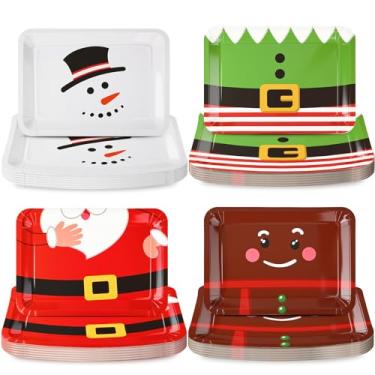 Imagem de Sunnychicc Pacote com 48 bandejas de comida descartáveis de Natal de 35,5 cm, bandejas extra grandes, pratos de jantar resistentes, pratos de festa verdes e vermelhos, pratos de Natal para mesa de