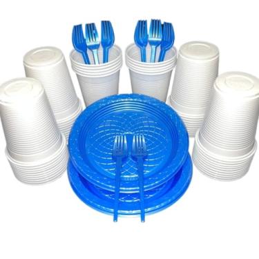 Imagem de Kit 300 Itens Festa Aniversário Descartáveis Plástico Colorido Perolado 100 Pessoas Completo Pratinho Garfinhos Copos (Branco Azul Perolado)