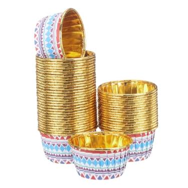 Imagem de HARFINGTON 100 forros de cupcake para bolos de 100 ml, forros de cupcake dourados, pequenos copos de panificação, estilo boêmio, para festa de aniversário, festival de casamento, azul/roxo escuro