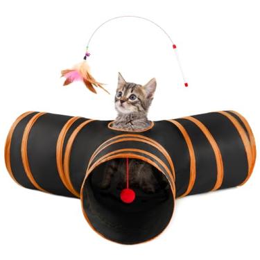 Imagem de Love's cabin Túneis para gatos em ambientes internos, brinquedos dobráveis de 3 vias, túnel de brincar para animais de estimação com furo de espião, bola de brinquedo para gatinho, coelho, preto e