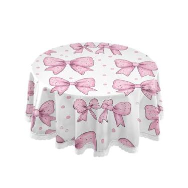 Imagem de SEHANY Toalha de mesa redonda com laço rosa de 152 cm, tecido lavável sem rugas, toalha de mesa decorativa de renda para restaurante, casamento, acampamento, festa de cinco de maio
