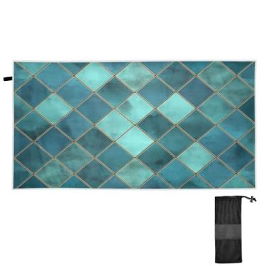 Imagem de ATTX Toalha de praia xadrez geométrica em aquarela azul-petróleo 79 x 188 cm - Cobertor de microfibra leve de secagem rápida resistente à areia para piscina, ioga, academia e viagens | Esportes de