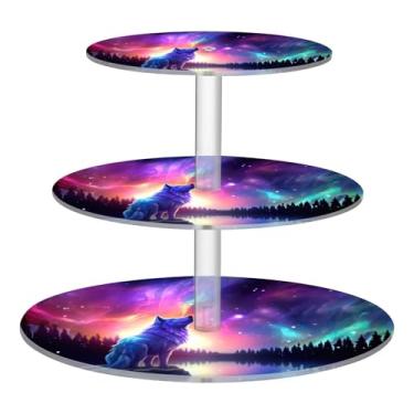 Imagem de Blueangle Suporte redondo de cupcake de 3 camadas – Torre de sobremesa de acrílico Aurora Boreal Lobo, suporte de sobremesa em camadas antiderrapante para chá de bebê, aniversário, festa de casamento