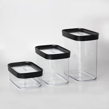 Imagem de Conjunto 3 Potes Herméticos de Plástico, 750ml, 1700ml, 2600ml, Tampa com Vedação em Silicone, Transparente com Tampa Preta, Livre de BPA, Empilhável