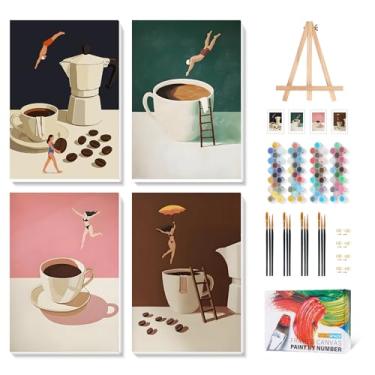 Imagem de Camocin Kit de pintura emoldurada por números para adultos com cavalete de madeira, tinta de café por números com moldura para iniciantes, kits de tintas de café para adultos por números em tela