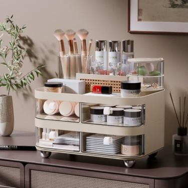 Imagem de Organizador de maquiagem com gavetas, organizador de cuidados com a pele, caixa de armazenamento com alça, grande estojo de exibição de cosméticos para cômoda, bancada de banheiro para pincéis de