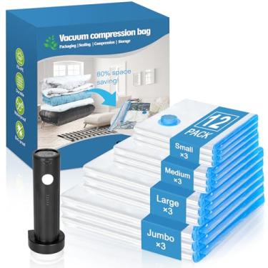 Imagem de Pacote com 12 sacos de armazenamento a vácuo com bomba sem fio (3 jumbo/3 grandes/3 grandes/3 pequenos) portáteis para armazenamento doméstico, sacos de vedação a vácuo para roupas, travesseiros