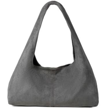 Imagem de Bolsas Hobo Slouchy para mulheres, bolsa de ombro dobrável macia, bolsa transversal, bolsa de camurça, alça superior, bolsas de camurça, Cinza escuro, Medium