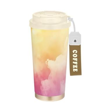 Imagem de STAYTOP Linda caneca de café de viagem amarela com isolamento térmico de 500 ml, copo de café reutilizável de aço inoxidável com tampa flip à prova de vazamento à prova de vazamento para escritório