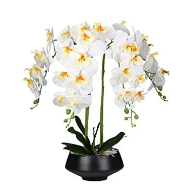 Imagem de LMJYU Flor artificial em vaso Phalaenopsis orquídea artificial, flor falsa de seda branca com vaso de flores preto, para decoração de flores de mesa de casa e escritório