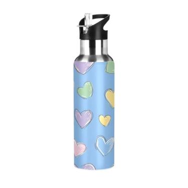 Imagem de Wassud Garrafa de água com corações desenhados à mão garrafa de água esportiva colorida de aço inoxidável com canudo garrafas de água isoladas copo portátil de viagem 623 g