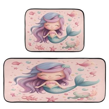 Imagem de Wassud Tapetes de cozinha fofos de sereia de desenho animado para o chão, decoração de casa, tapetes de cozinha acolchoados, antifadiga, tapetes de cozinha, antiderrapante, lavável, itens essenciais
