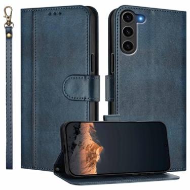 Imagem de JanCalm Capa carteira para celular Samsung Galaxy S23, compartimentos para dinheiro, alça de pulso, capa de design minimalista, proteção de couro PU, capas flip com suporte para Galaxy S23 (azul)