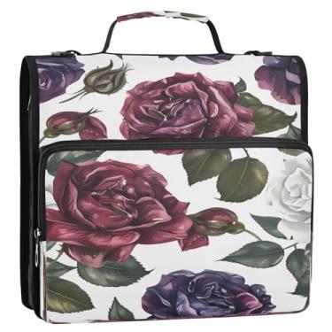 Imagem de CEBUGI Fichário de 3 anéis com zíper com alça de ombro, pasta de arquivo expansível de 3,8 cm, anéis D, para escola, escritório, aquarela, rosas