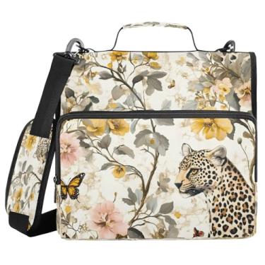 Imagem de Fichário com zíper de leopardo e flores amarelas com alça e alça de ombro, fichários de 3 anéis de 3 cm