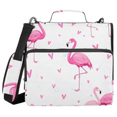 Imagem de Burbuja Pasta de fichário de coração flamingos rosa com zíper com 3 anéis com lixa expansível e alça de ombro serve para laptop de 13 polegadas, vários bolsos para trabalho de escritório
