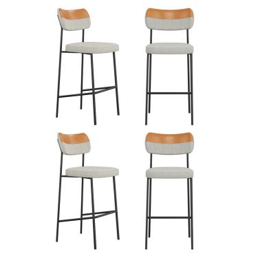 Imagem de Kit 04 Banquetas Altas Cozinha Lila Com Encosto Couríssimo Whisky Linho Cinza - Desk Design