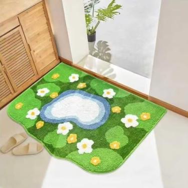 Imagem de Lindo tapete de banho verde 3D musgo, tapetes de banheiro de flores absorventes de água antiderrapante decoração estética tapete de animais de estimação para quarto tapete verde musgo tapete lavável