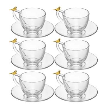 Imagem de Jogo 6 Xícara De Chá Com Pires Golden Bird Pássaro 180ml Cristal Ecológico Wolff