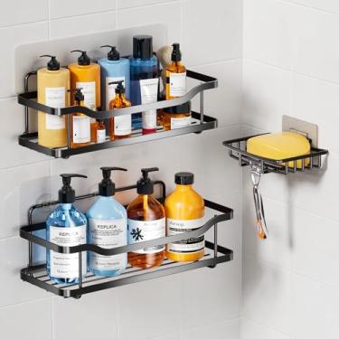 Imagem de OMAIRA Pacote com 3 suportes de chuveiro com suporte de sabonete, adesivo à prova de ferrugem sem broca, organizador de chuveiro, prateleiras de armazenamento, organização de banheiro para azulejo de